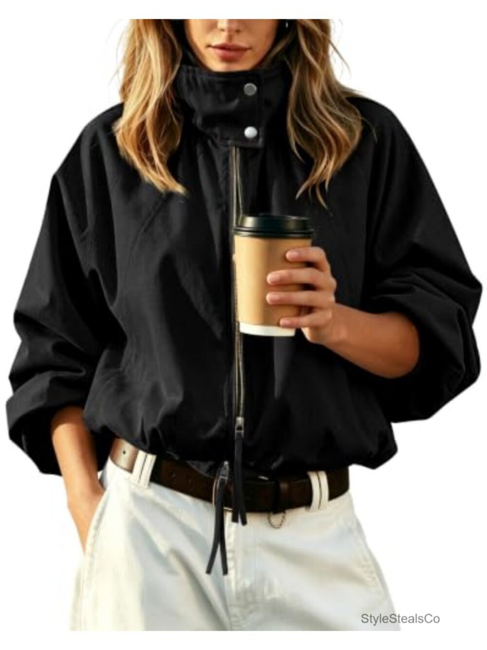 Women's Quilted Crop Bomber Jacket with Funnel Collar Batwing Sleeves
